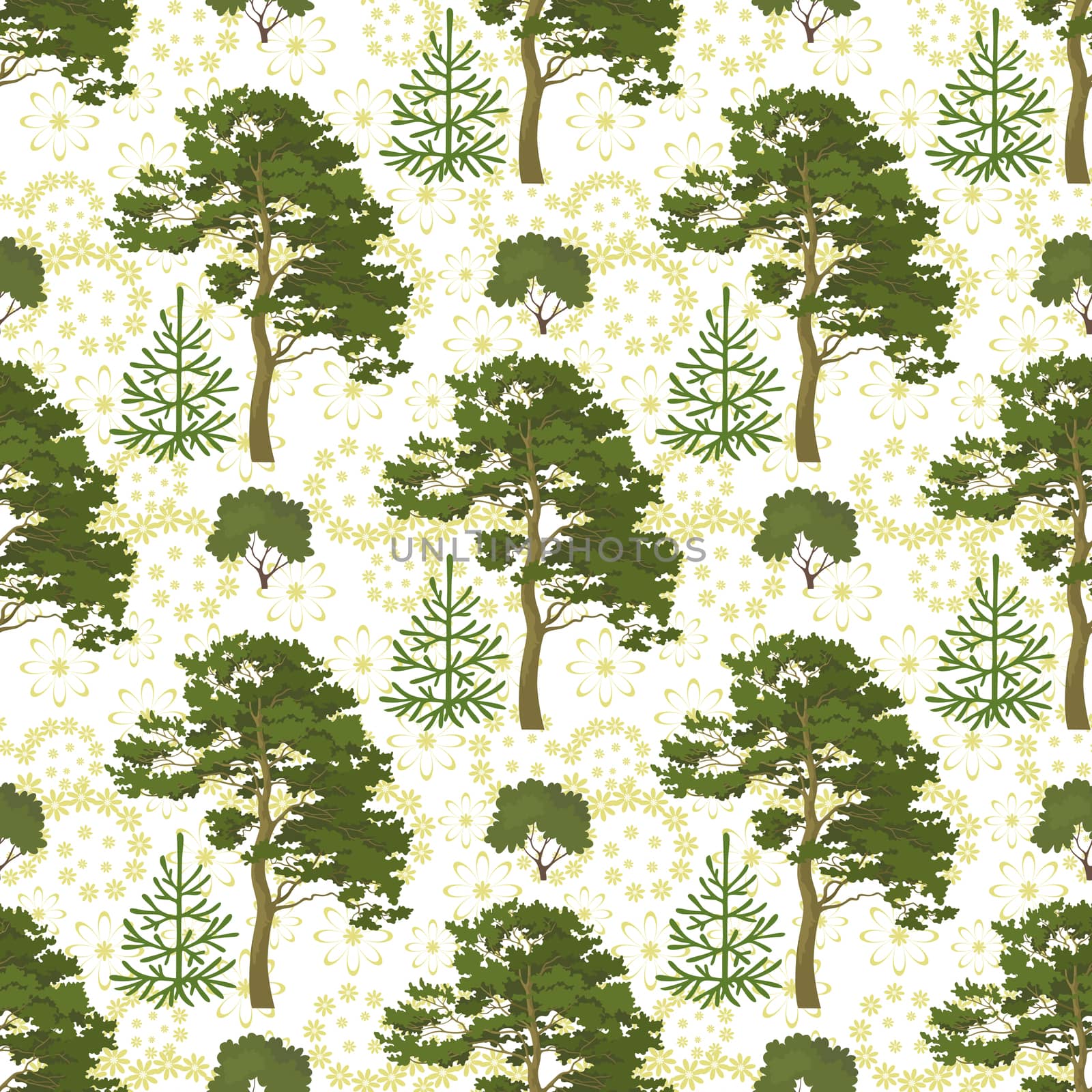 Seamless background, green summer forest with pine and fir trees, bushes and abstract floral pattern.