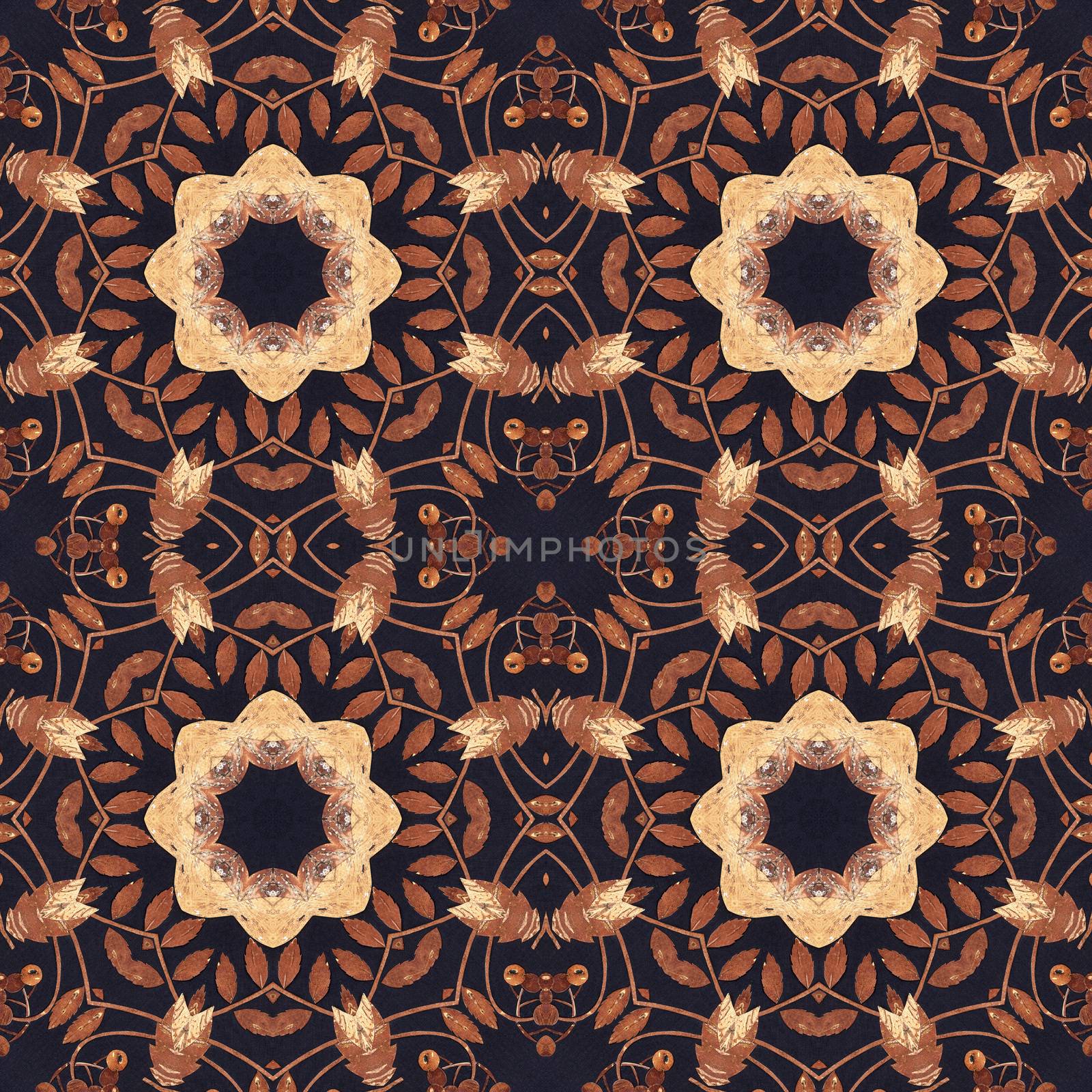 Abstract artistic background, seamless handmade floral ornament, intarsia from the back side of a birch bark on black fabric