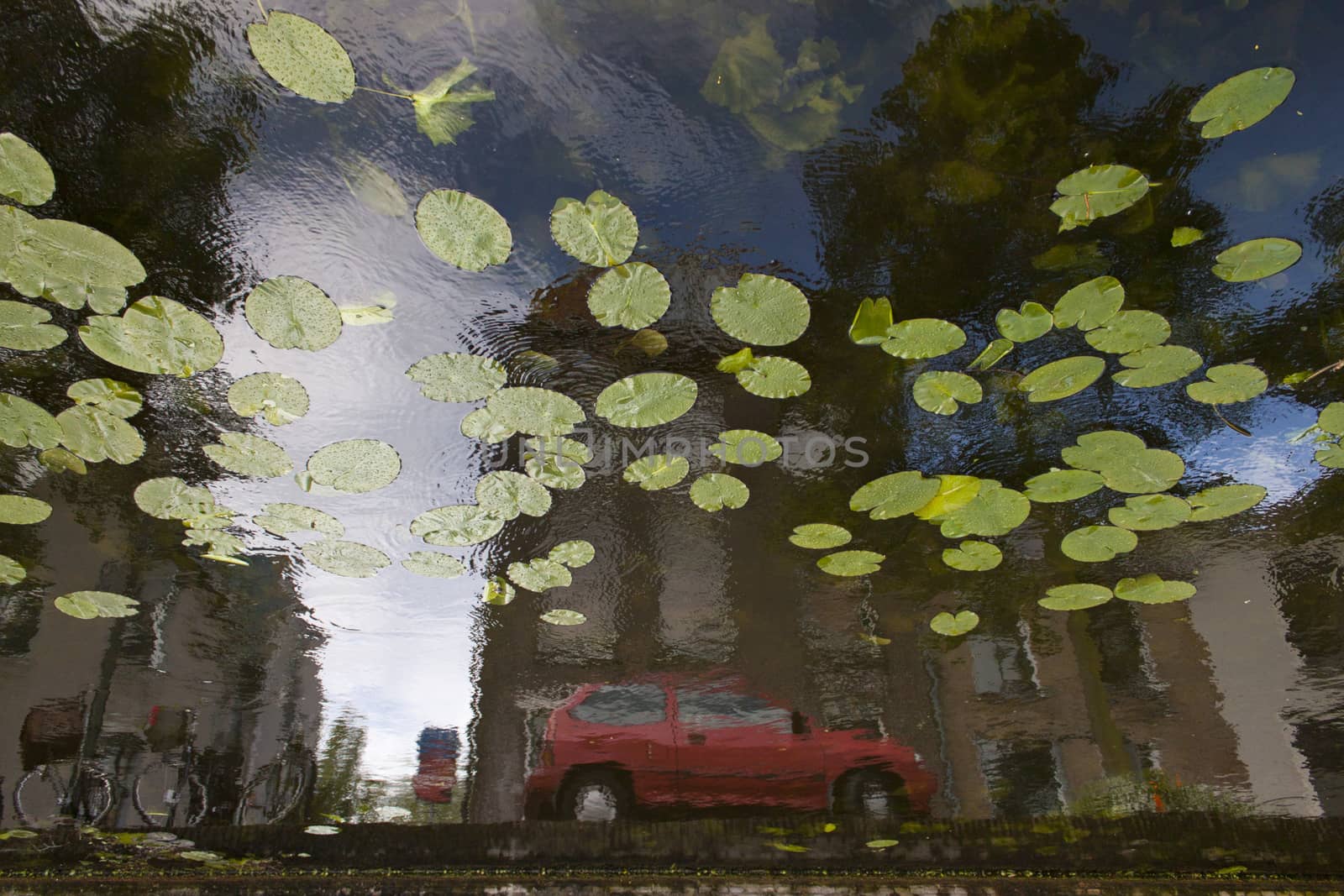 red car reflection in canal by mawrhis
