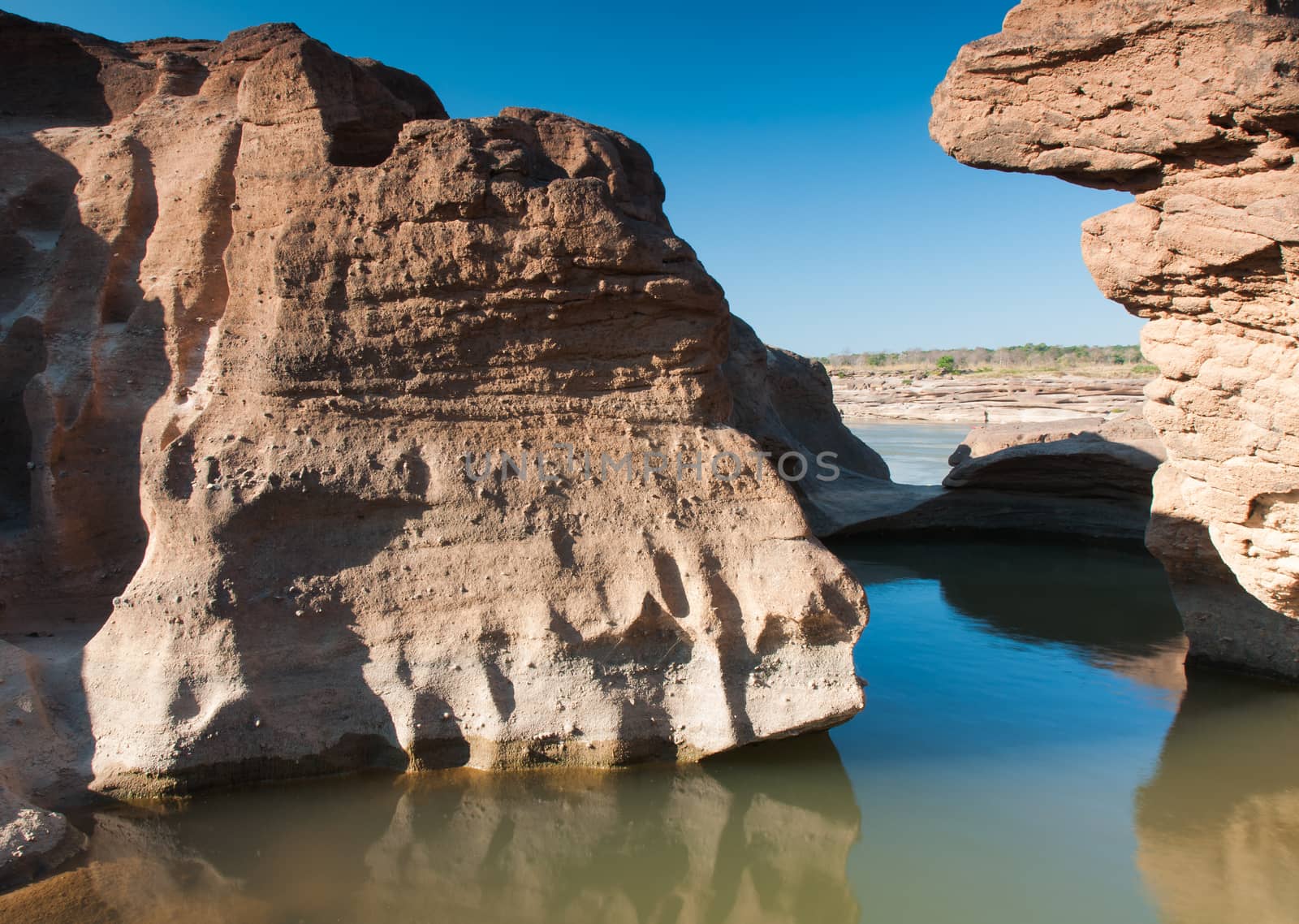 Sam Phan Bok rock canyon beside Khong river,Ubon Ratchathani of Thailand.