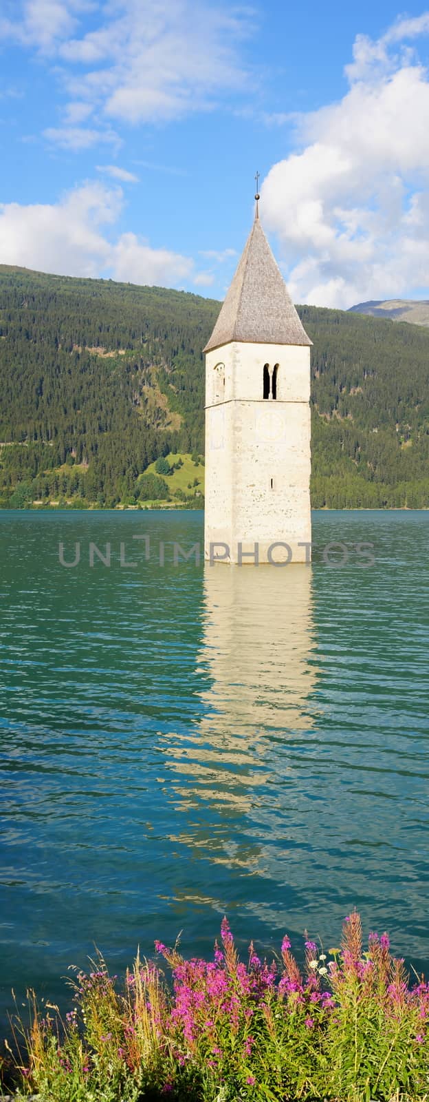 sunken church tower in lake Reschen portrait