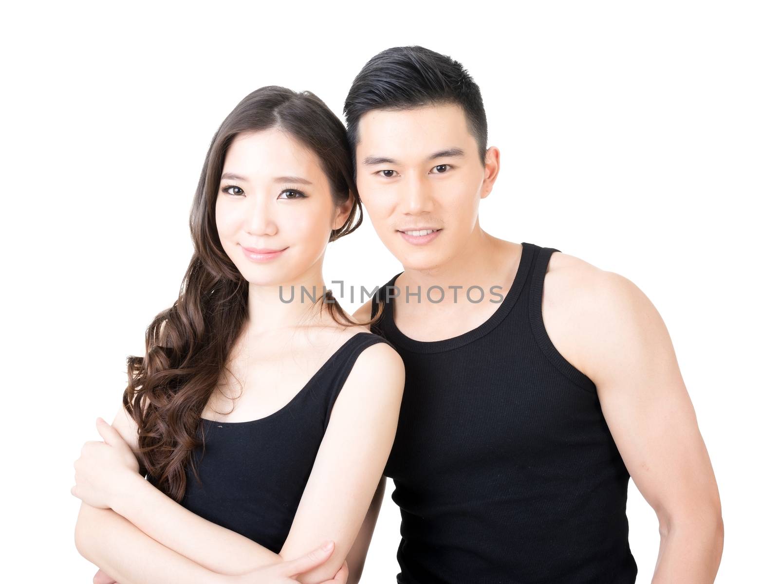 Young Asian sport couple, closeup portrait on white background.