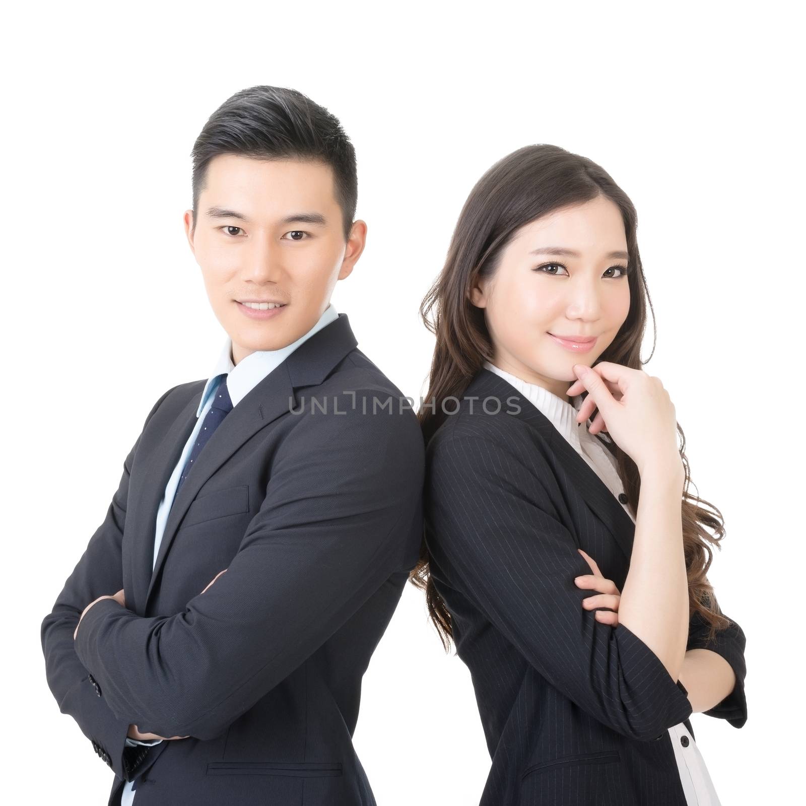 Confident young businessman and businesswoman, closeup portrait on white background.