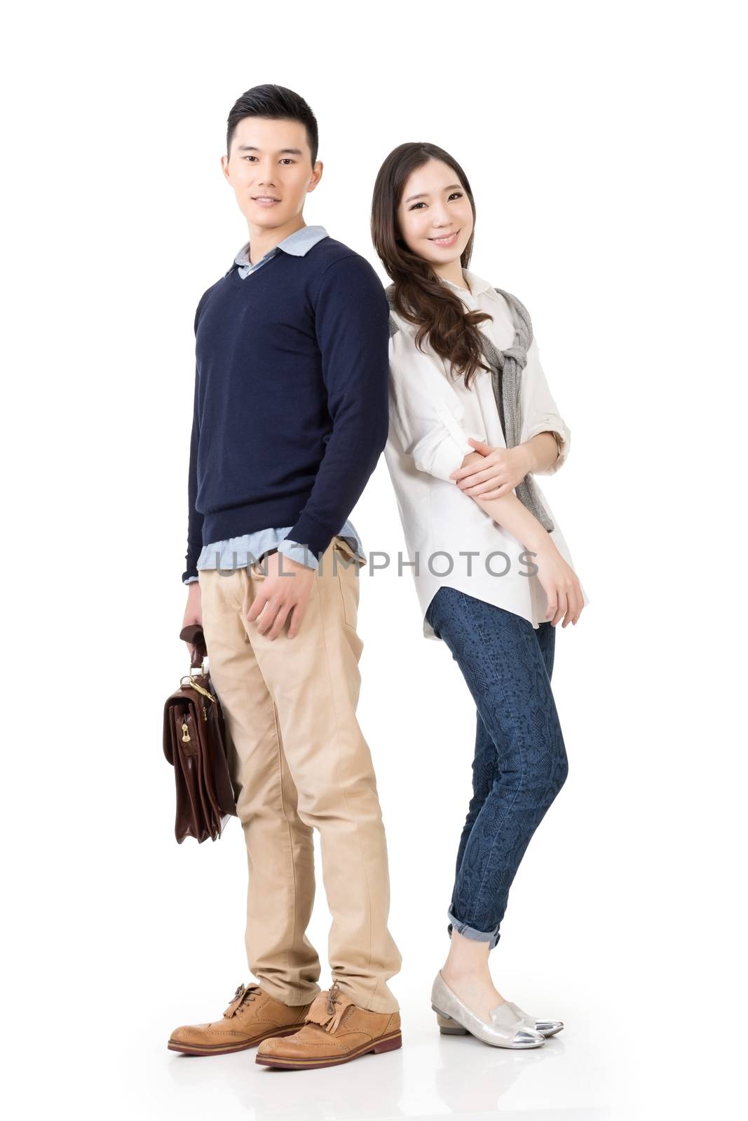 Asian couple, full length portrait isolated on white background.