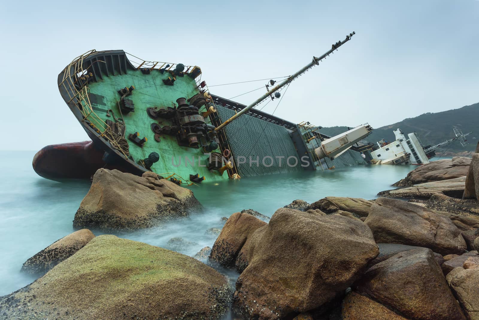 Wrecked ship along the rocky coast