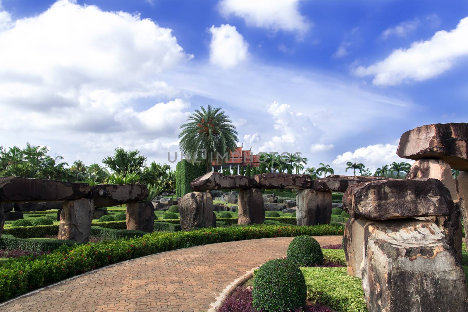 View to Wat from Stonehenge in Nong Nooch Garden. 