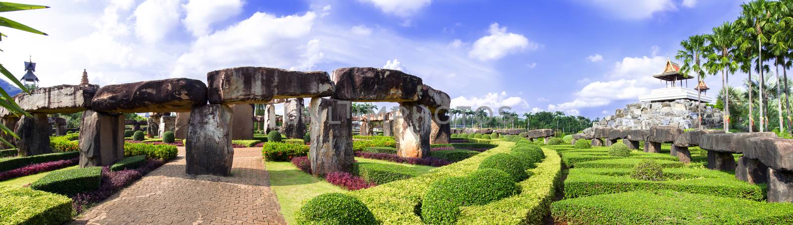 Panorama of Stonehenge and Pavillion in Nong Nooch Garden. 