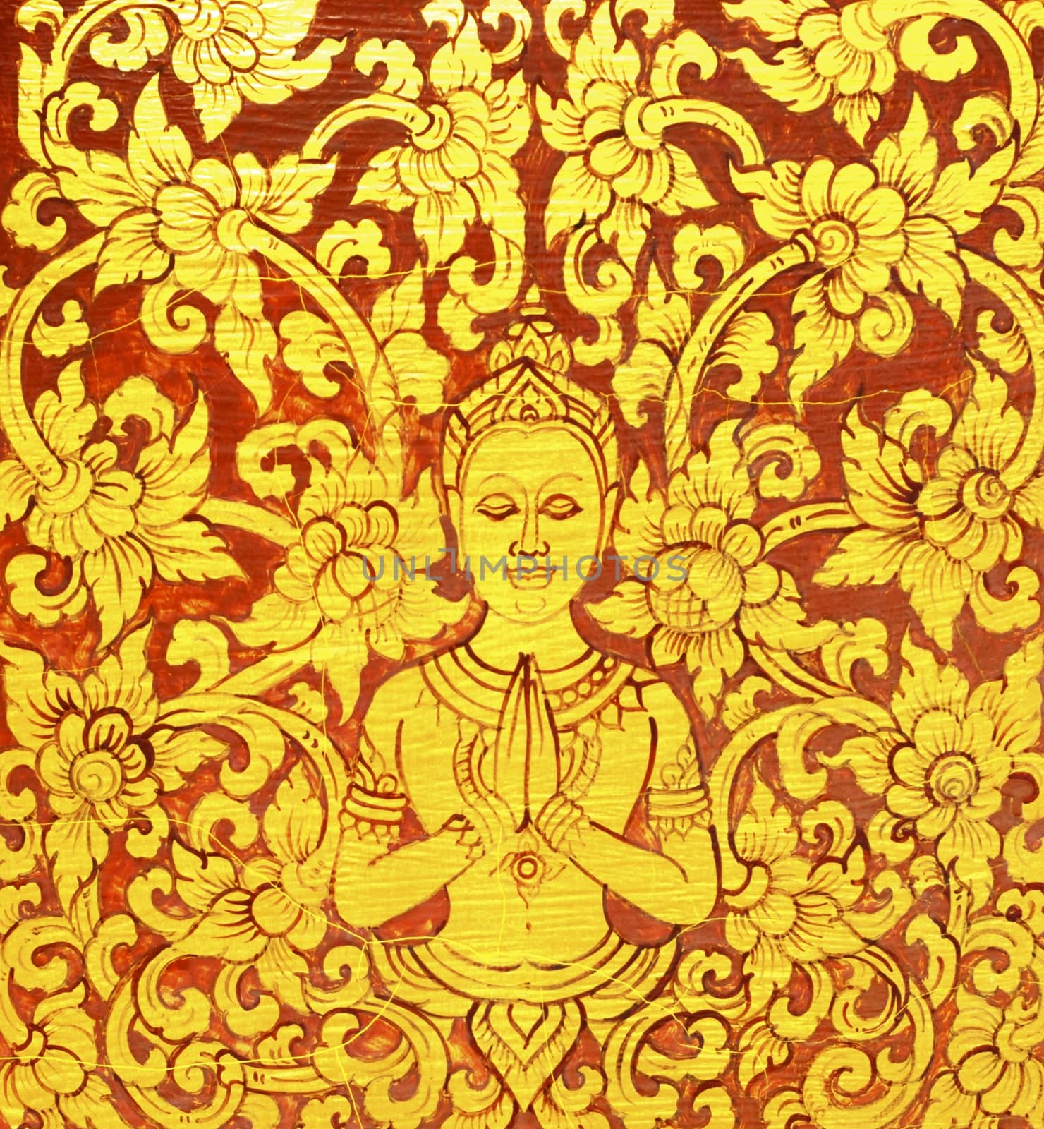 detail of thai pattern that made by covered wood plate with gold leaf for decorated temple door or pillar,shallow focus
