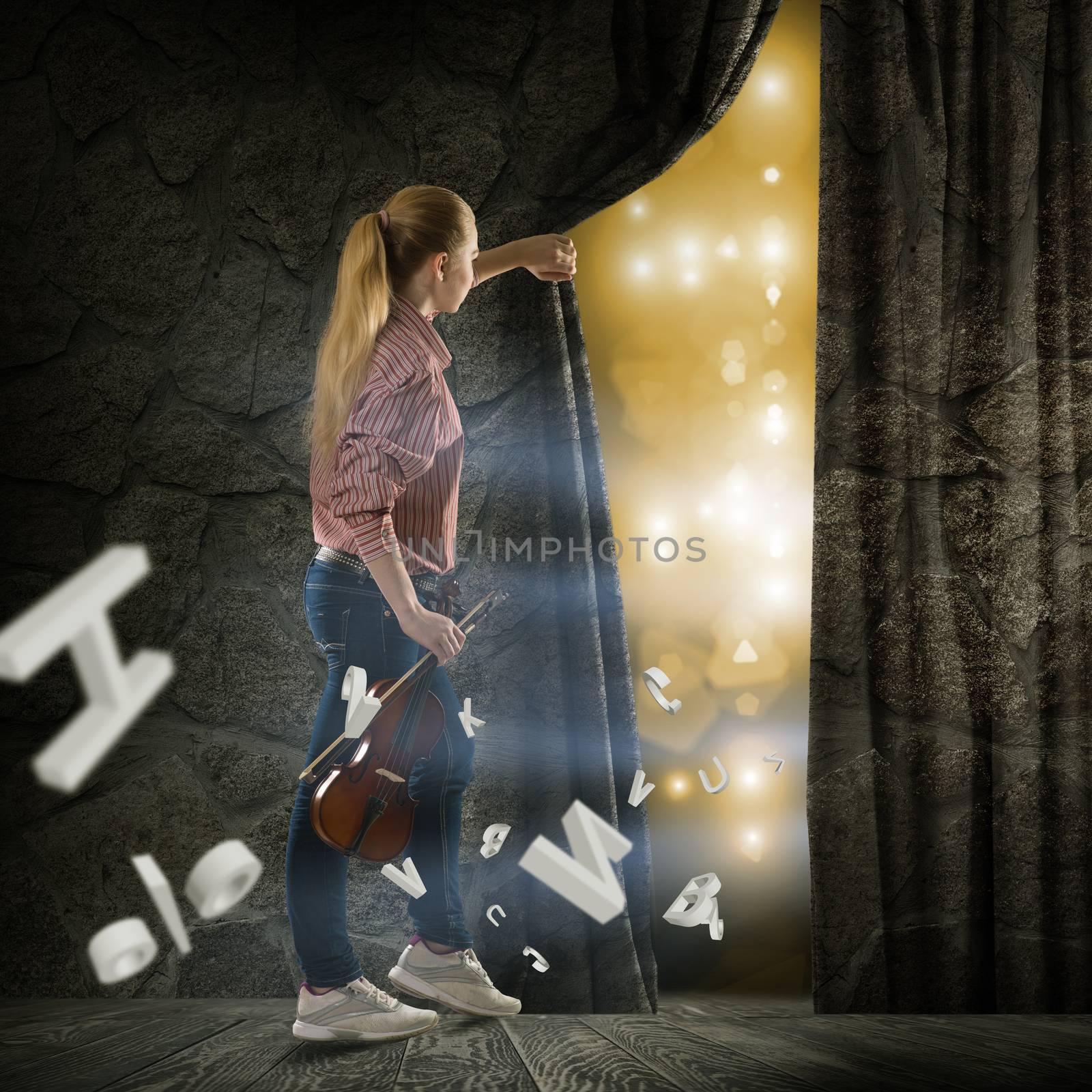 young woman pushes the curtain by adam121