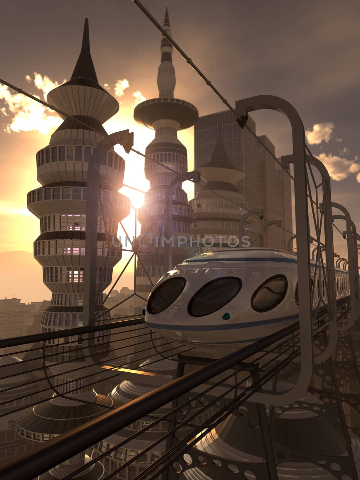 aerial view of Futuristic City with train and sunset technology concept