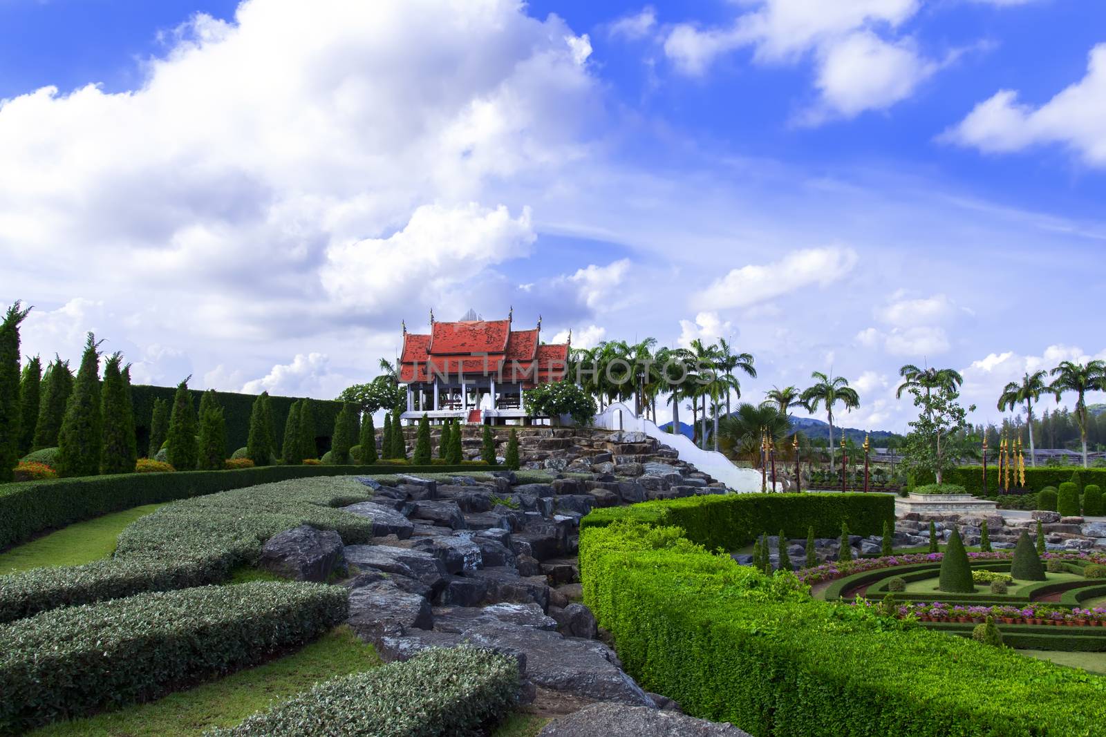 View to Wat from Stonehenge in Nong Nooch Garden. Thailand.