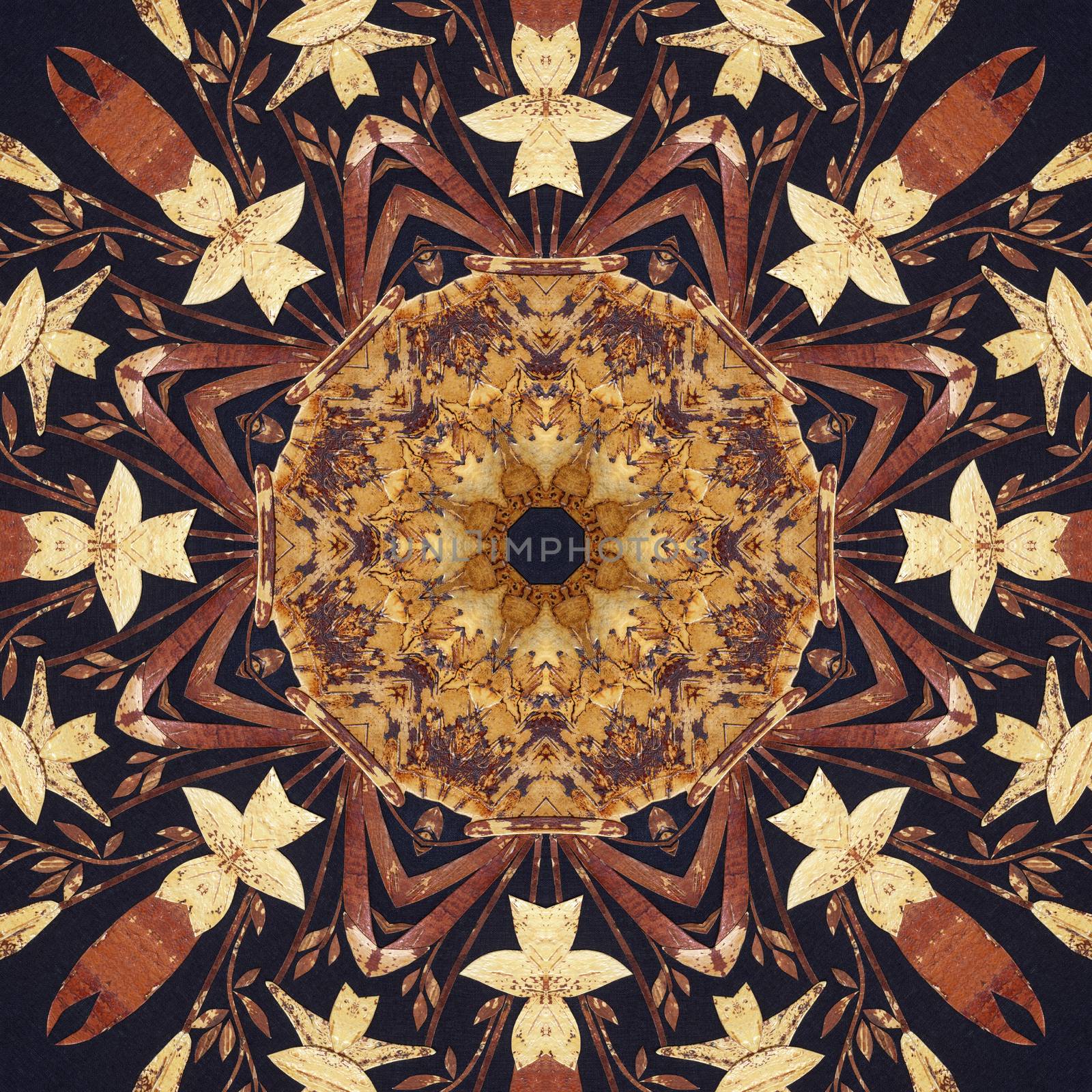 Abstract artistic pattern, seamless handmade floral ornament, applique from the back side of a birch bark on black fabric background