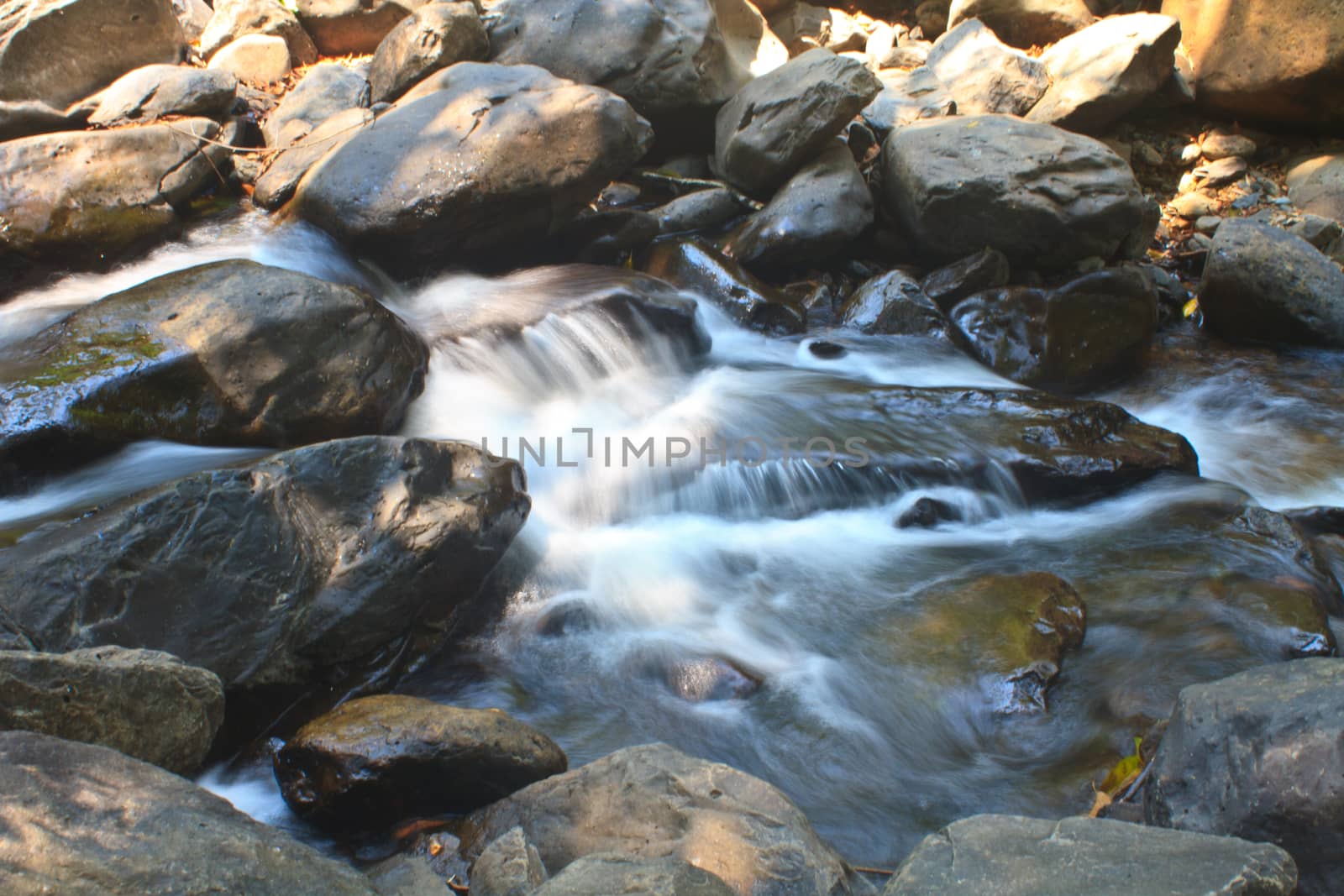 waterfall and rocks covered with moss in deep forest