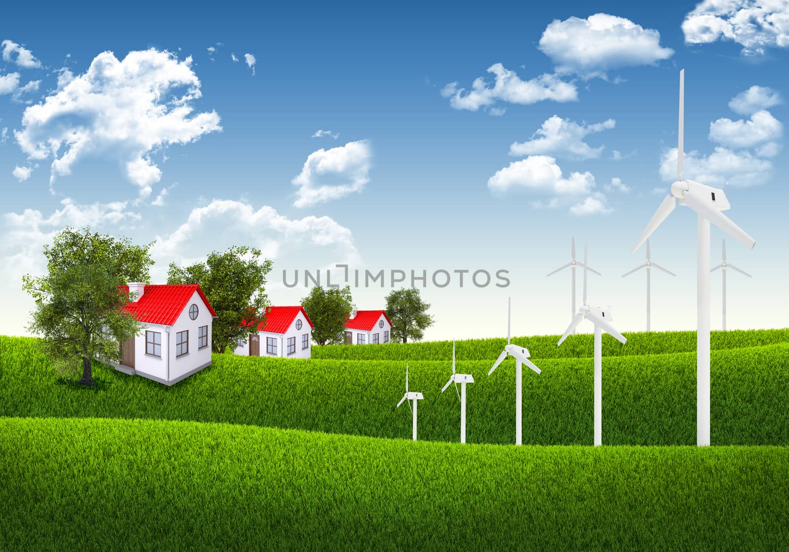 Blue sky, green grass and houses by cherezoff