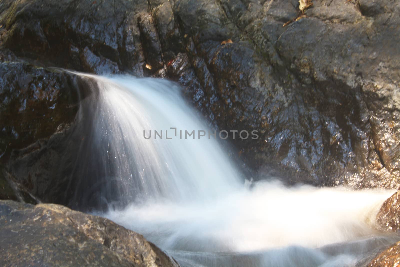 waterfall and rocks covered with moss in deep forest