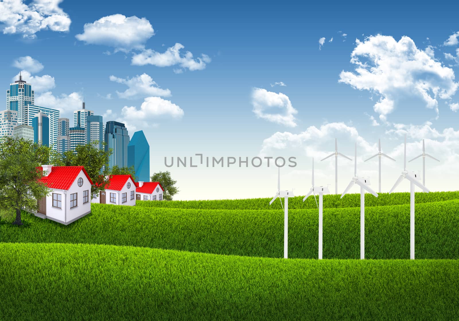 Blue sky, green grass and town by cherezoff