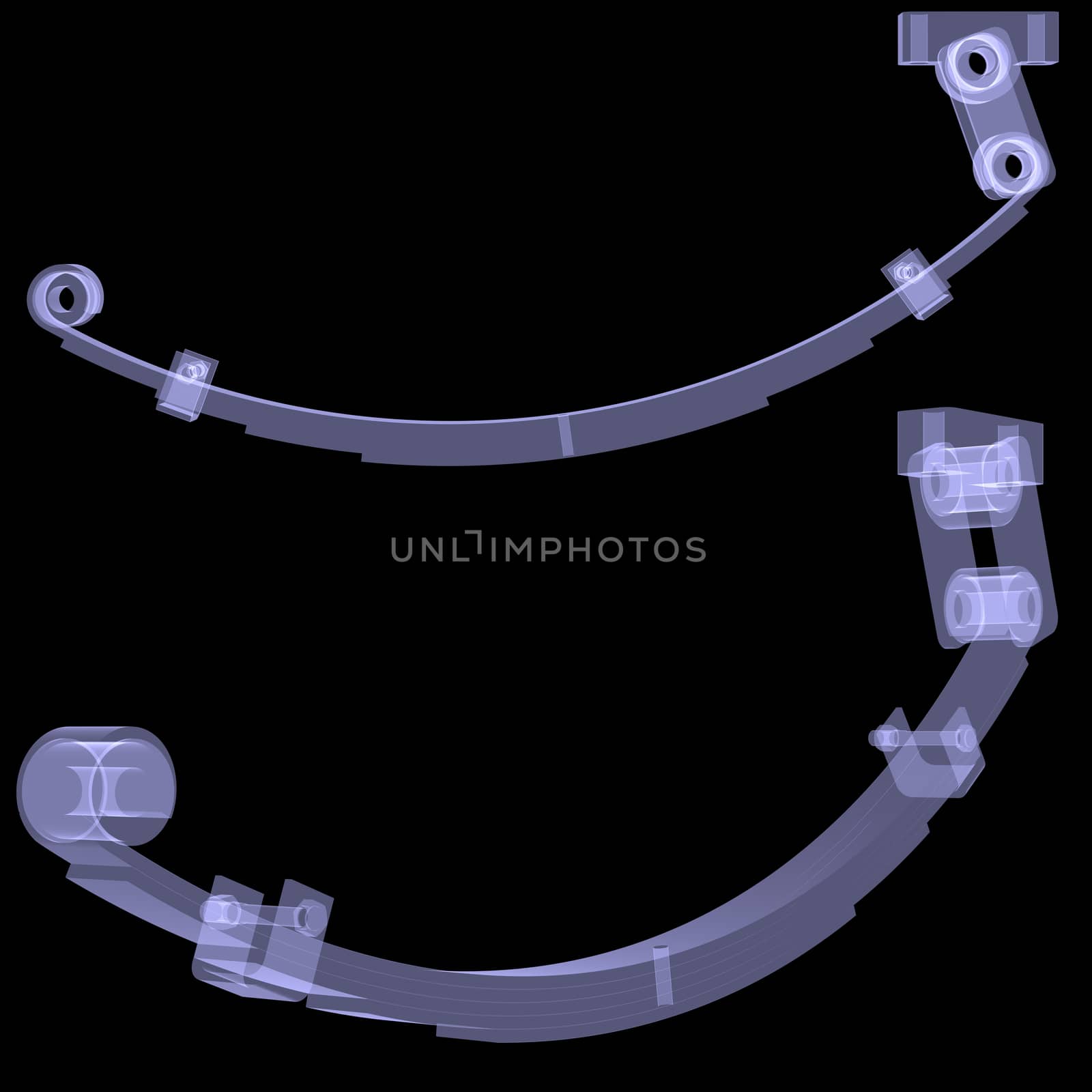 Collection of automobile springs. X-ray render isolated on black background