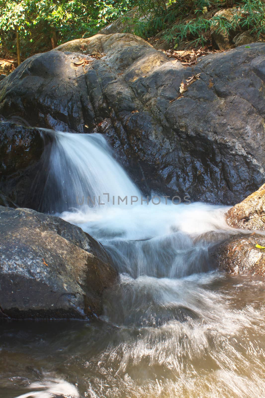 waterfall and rocks covered with moss in deep forest