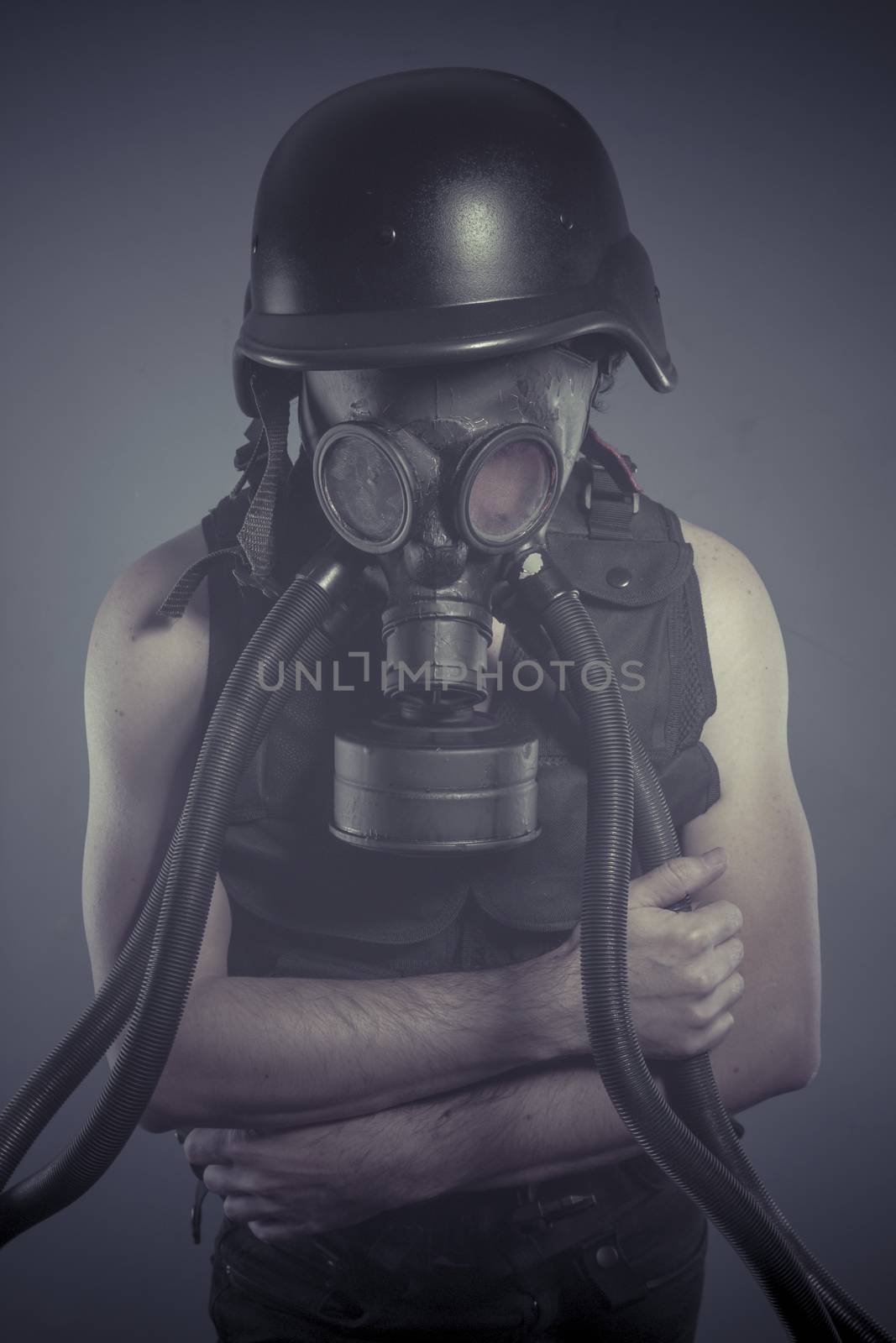 Smoke, Man with black gas mask, pollution concept and ecological by FernandoCortes