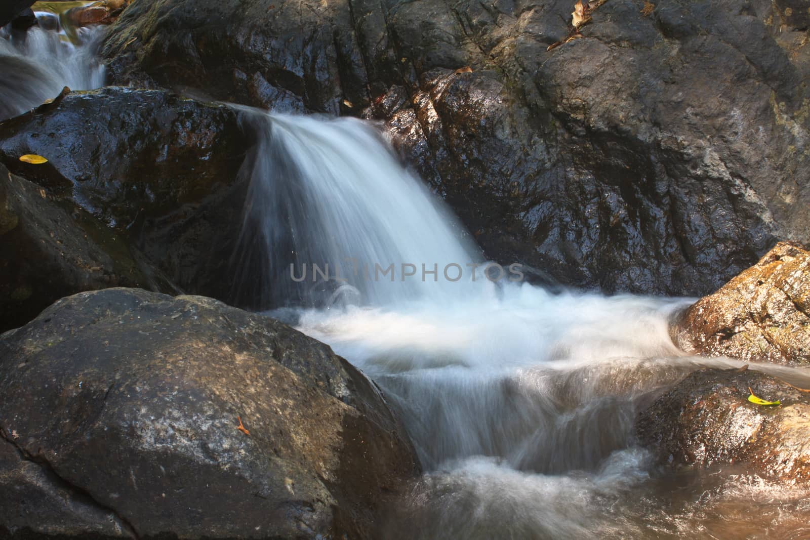 waterfall and rocks covered with moss in deep forest