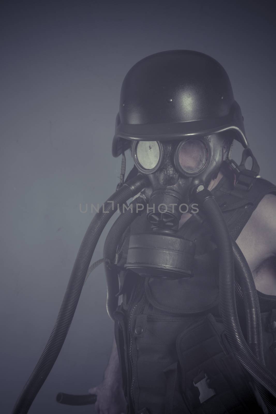 Radiation, Man with black gas mask, pollution concept and ecological disaster