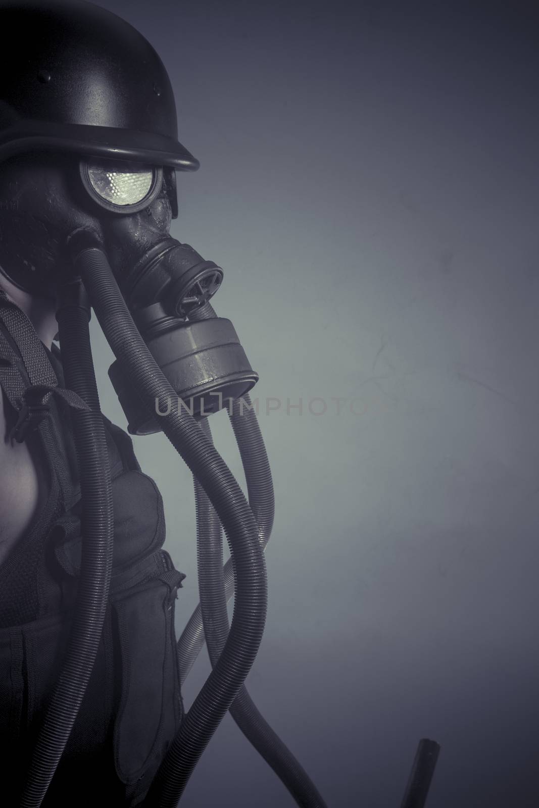 Protection, Man with black gas mask, pollution concept and ecolo by FernandoCortes