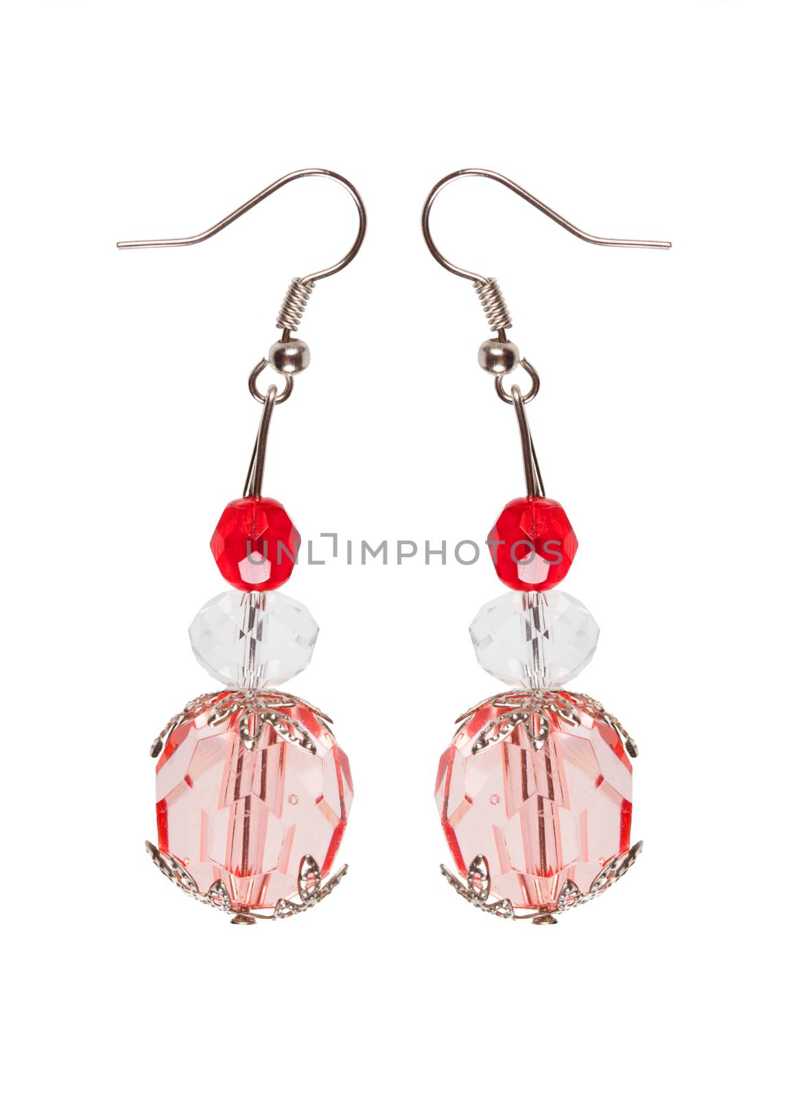 Earrings in red glass with silver elements. white background  by AleksandrN