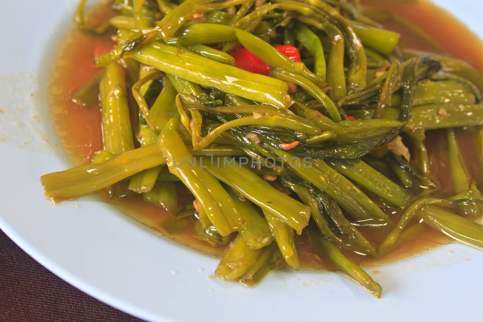 Stir Fried Water Spinach, Thai food close up