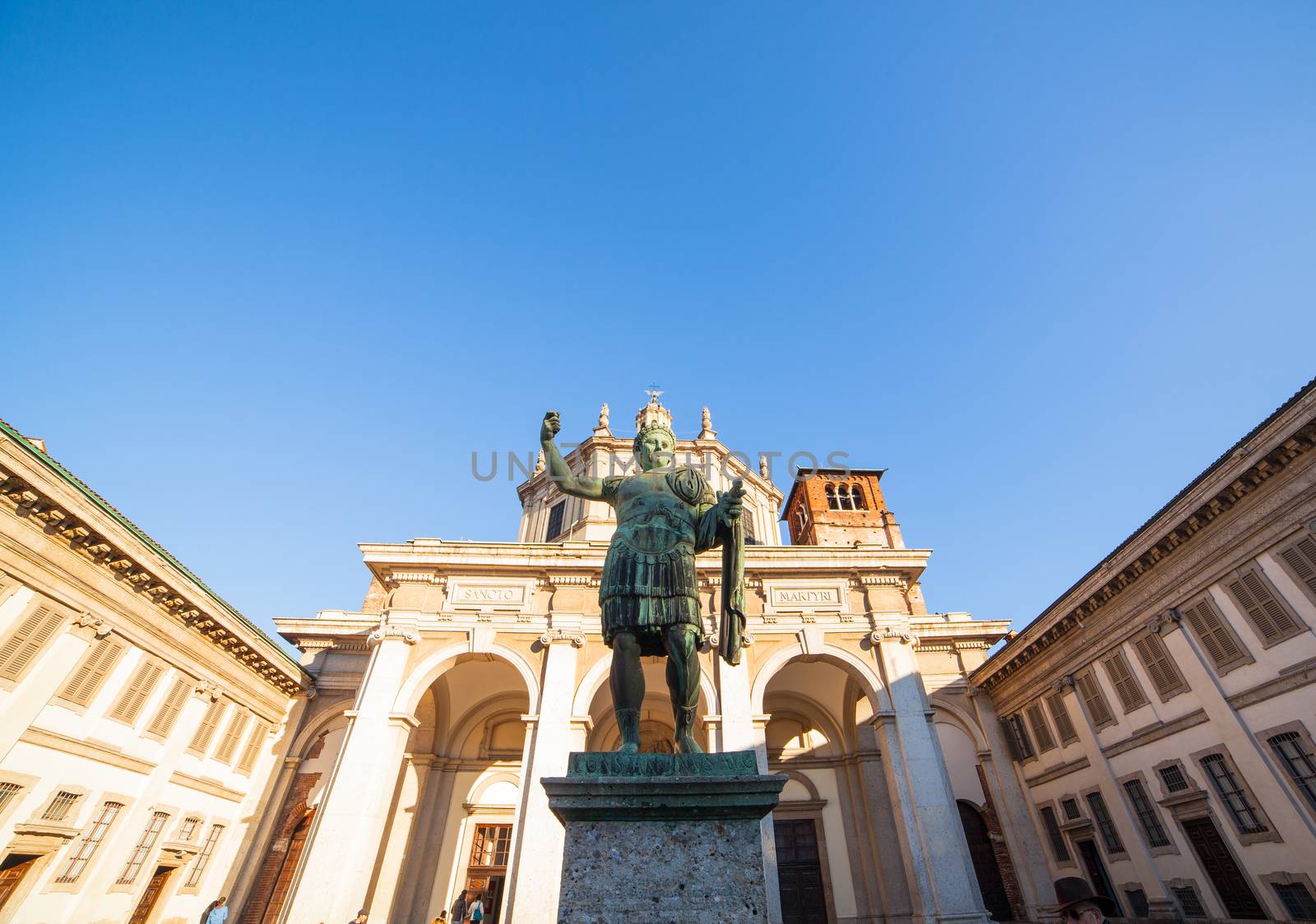 View of the Emperor Constantine monument next to the Basilica of San Lorenzo in Milan