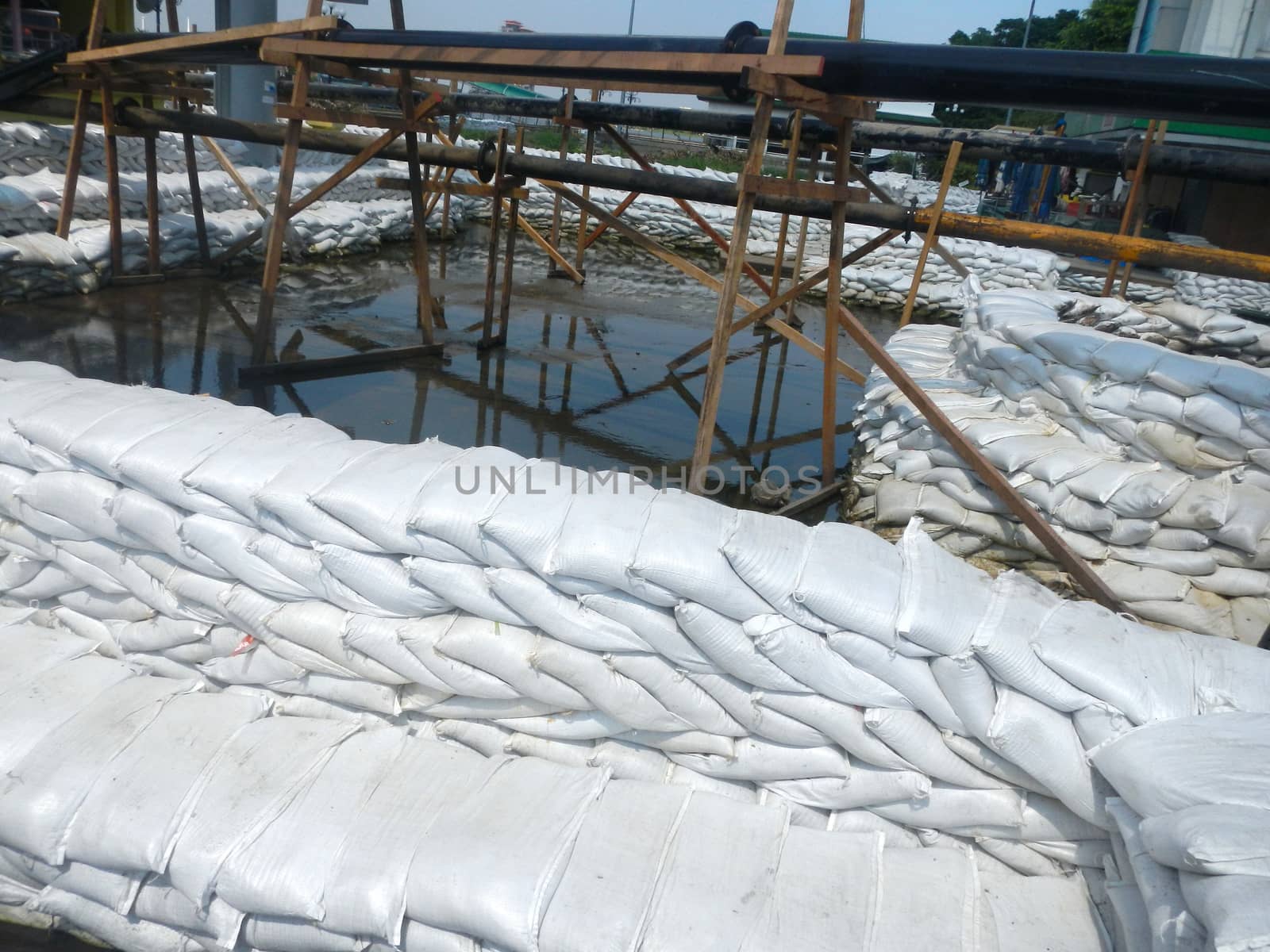 Sand bags help keep flood waters out of a town Process Flood protection