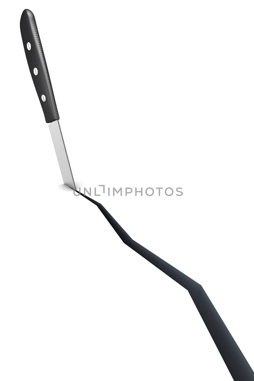 A knife cutting the ground. 3D rendered Illustration. Isolated on white.