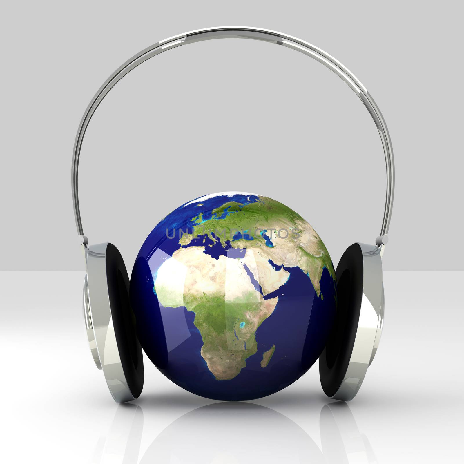 The music of Europe. Headphones and a world globe. 3D rendered Illustration. 