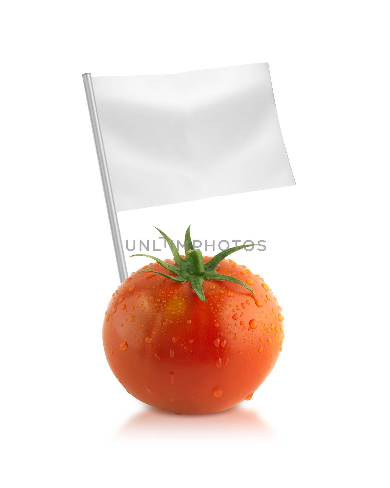 Healthy and organic food concept. Fresh Tomato with flags showing the benefits or the price of fruits.