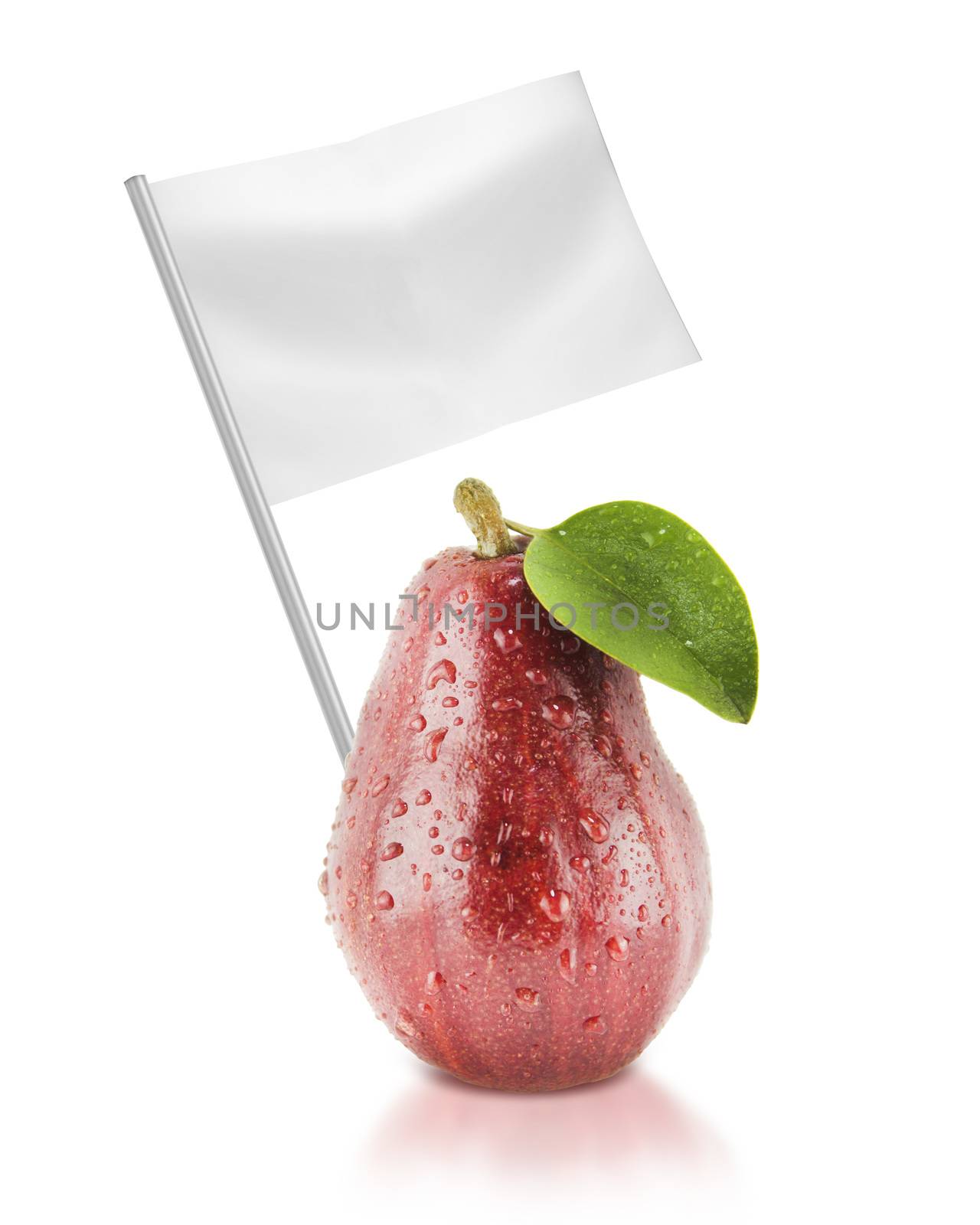 Healthy and organic food concept. Fresh red Pear with flag showing the benefits or the price of fruits.
