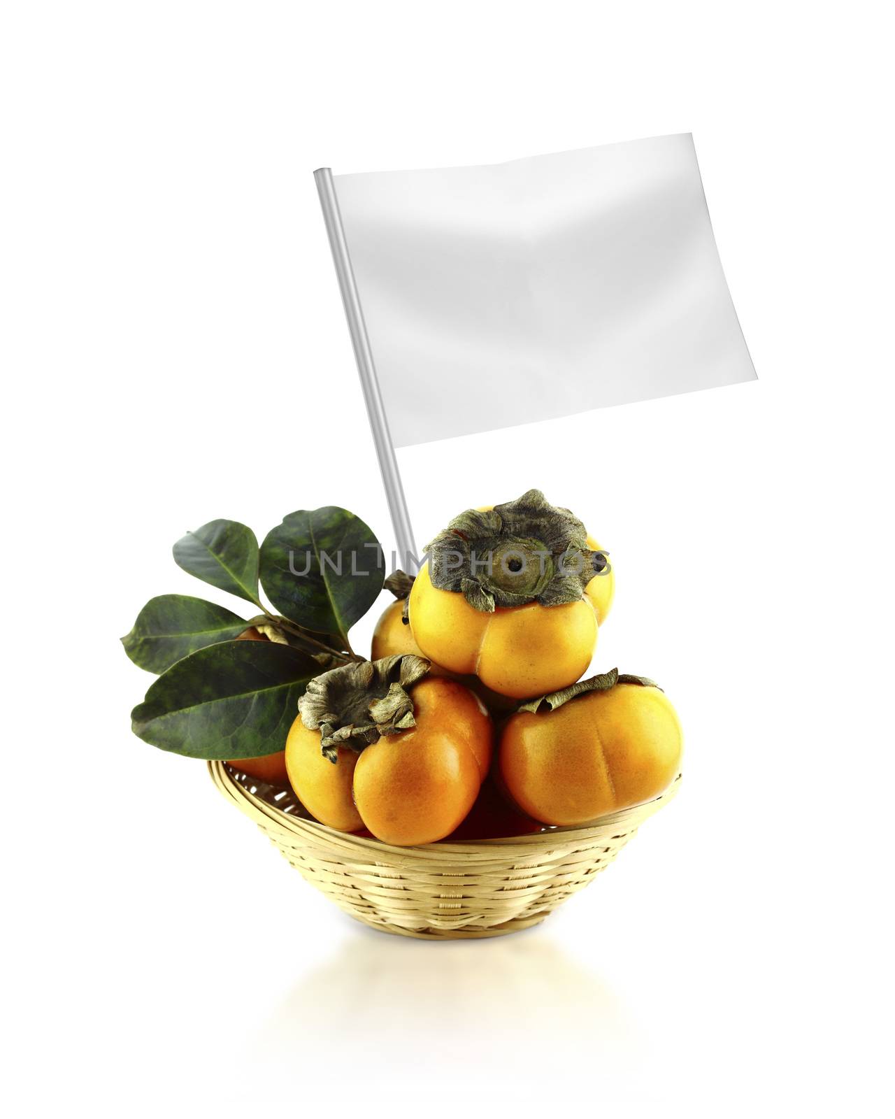 Healthy and organic food concept. Fresh persimmon with flag showing the benefits or the price of fruits.