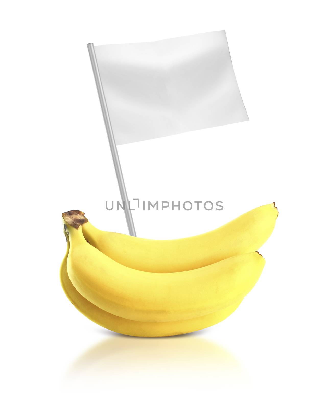 Healthy and organic food concept. Fresh Banana with flag showing the benefits or the price of fruits.