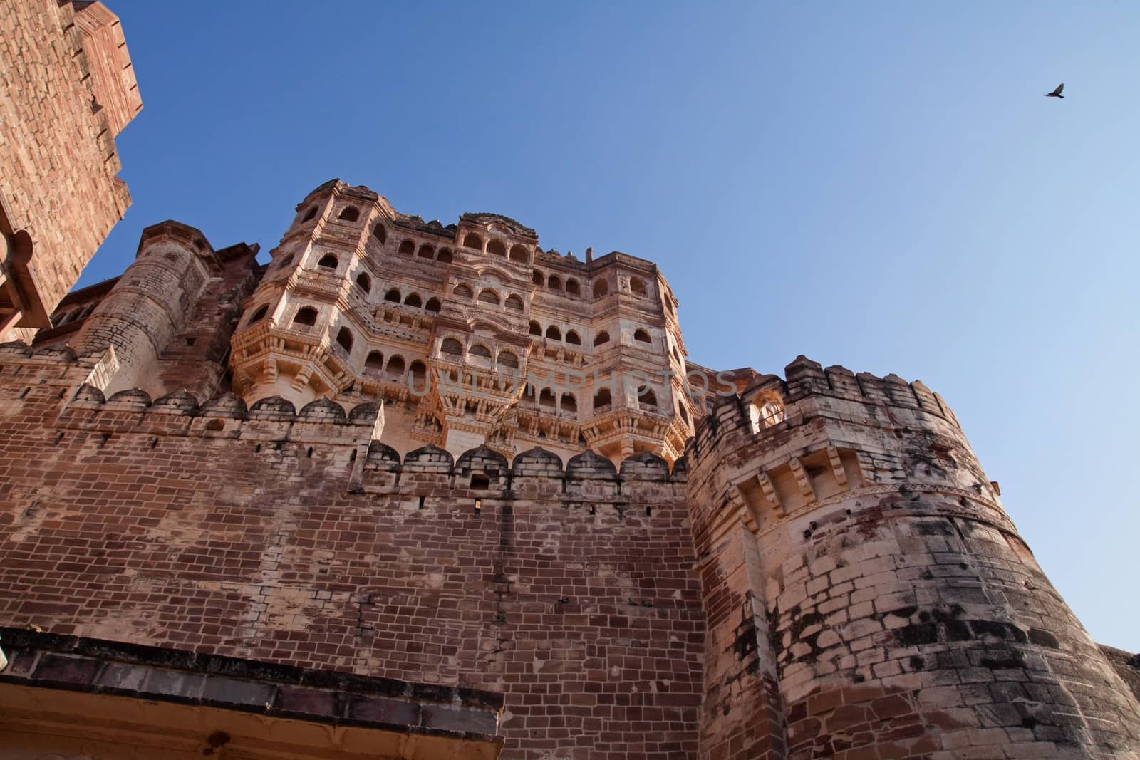 the meherangarh hill fort in jodhpur, rajasthan, india is a majestic fort soaring four hundred feet into the sky. immediately on entering through the main gate,  the imposing sight of the redstone construction with towers , peepholes and windows present an arresting sight for any visitor