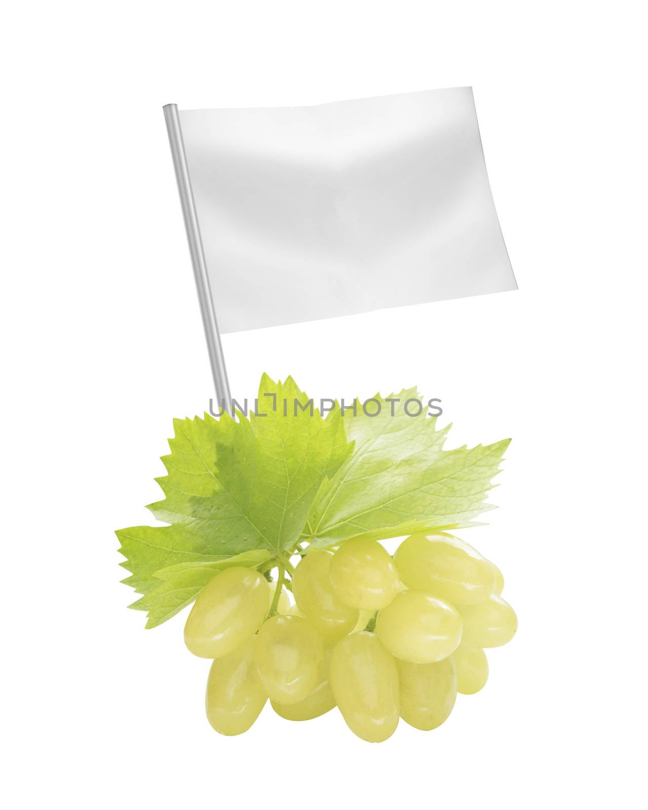 Healthy and organic food concept. Fresh green Ripe grapes with leaf with flag showing the benefits or the price of fruits.