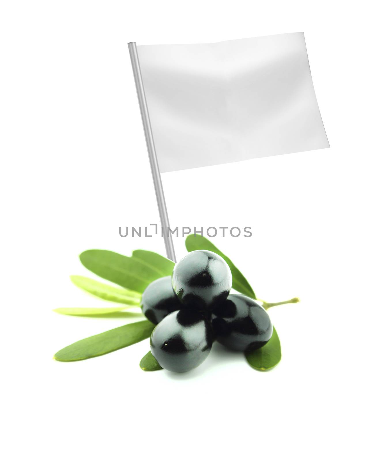 Healthy and organic food concept. Fresh black olive with flag showing the benefits or the price of fruits.