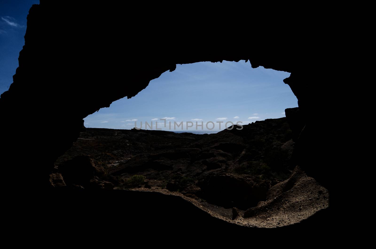Desert landscape Natural Arch silhouette in Tenerife Canary Islands Spain
