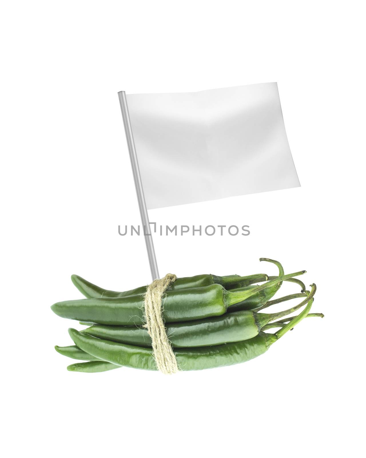 Healthy and organic food concept. Fresh green hot chili pepper with flag showing the benefits or the price of fruits.