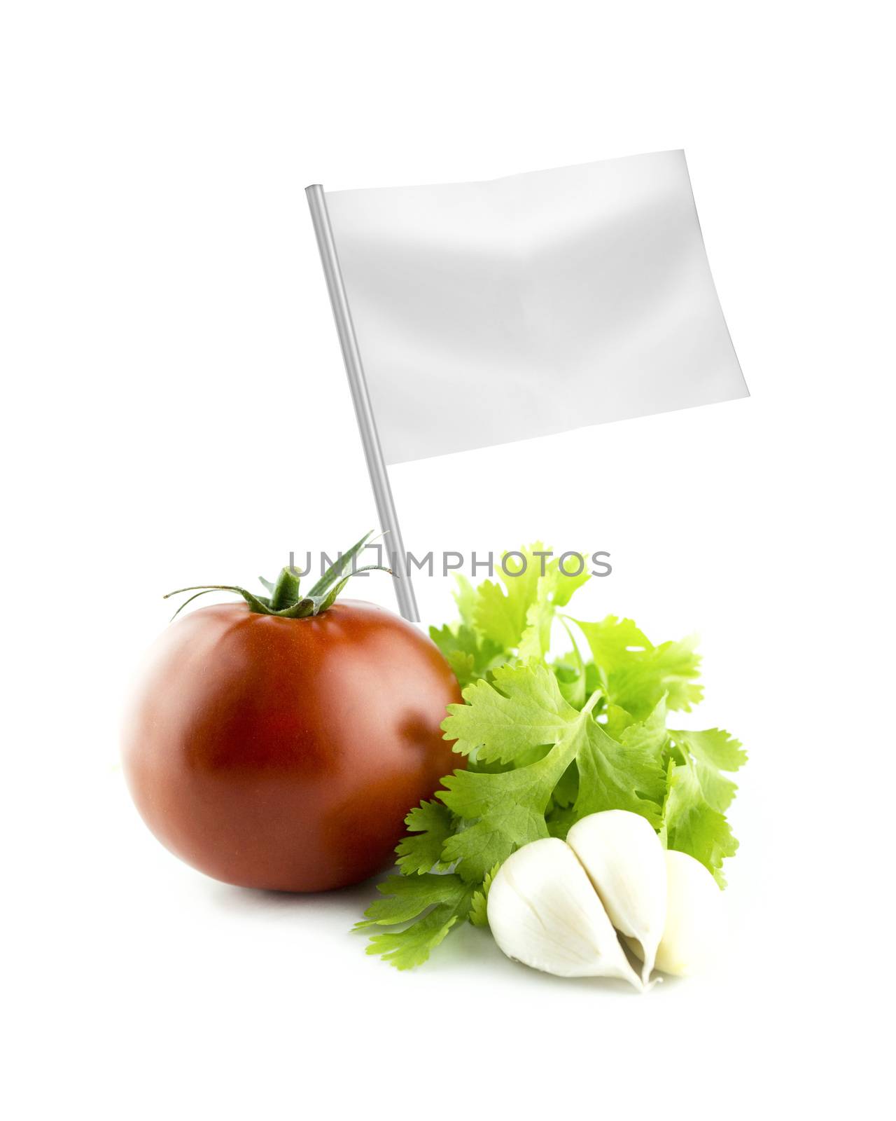 Healthy and organic food concept. Fresh Tomato, garlic and Coriander with flag showing the benefits or the price of fruits.