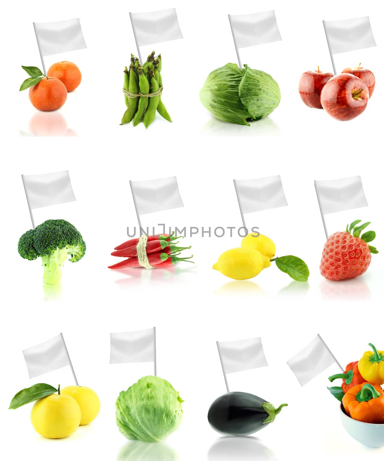 Healthy and organic food concept. Set of fresh fruits and vegetables with flag showing the benefits or the price of fruits.