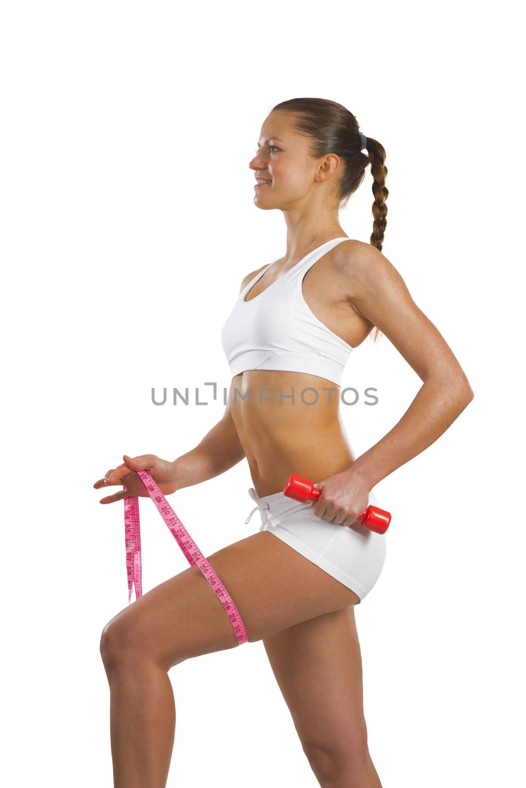 image of a young attractive woman with measuring tape and red dumbbells