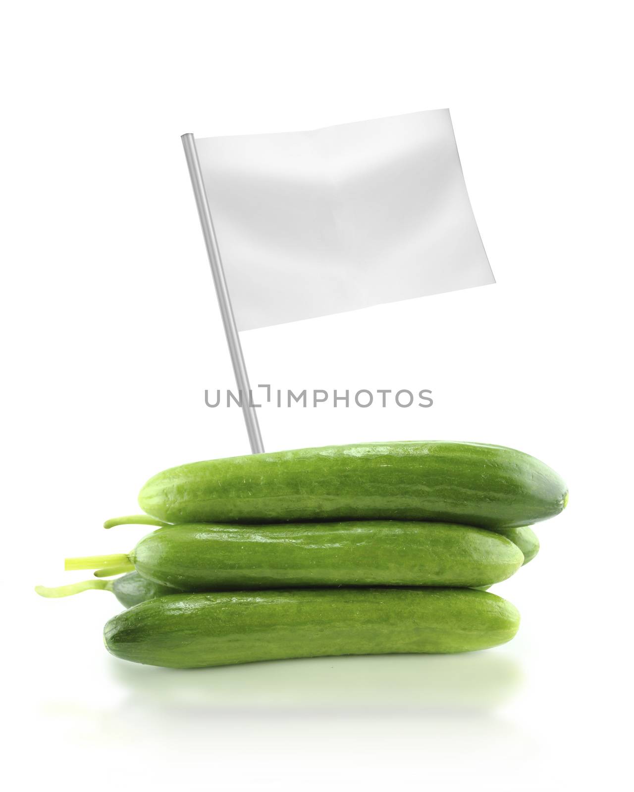 Healthy and organic food concept. Fresh Cucumber with flag showing the benefits or the price of fruits.