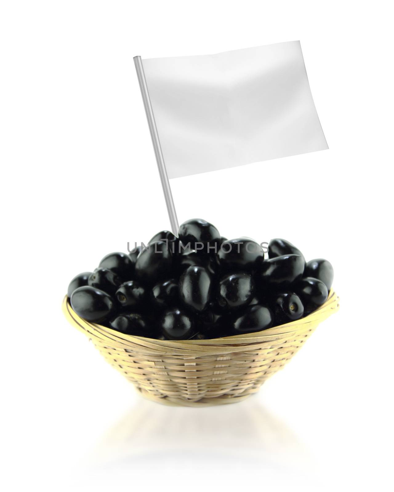 Healthy and organic food concept. Fresh black olives with flag showing the benefits or the price of fruits.