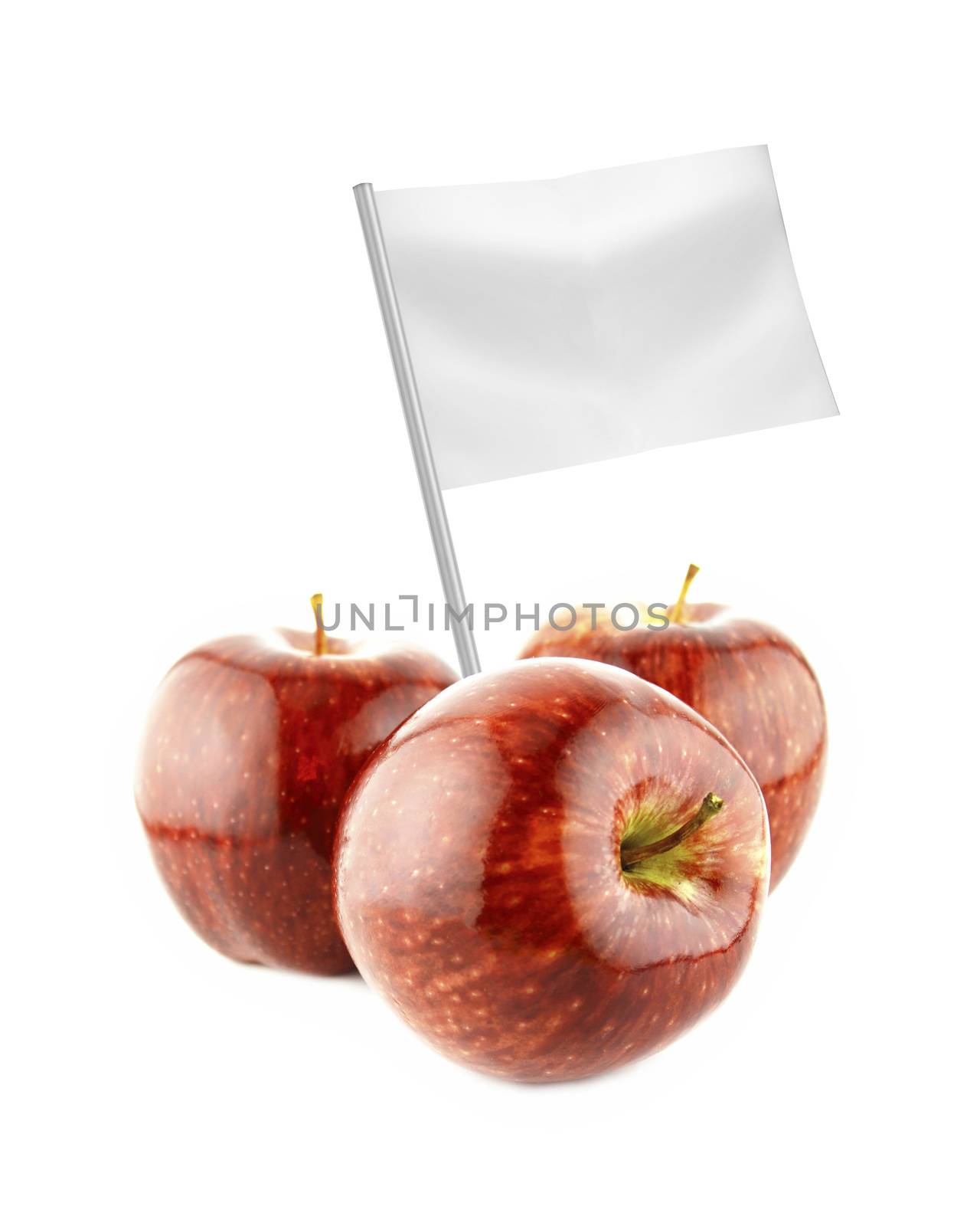 Healthy and organic food concept. Fresh red apples with flag showing the benefits or the price of fruits.