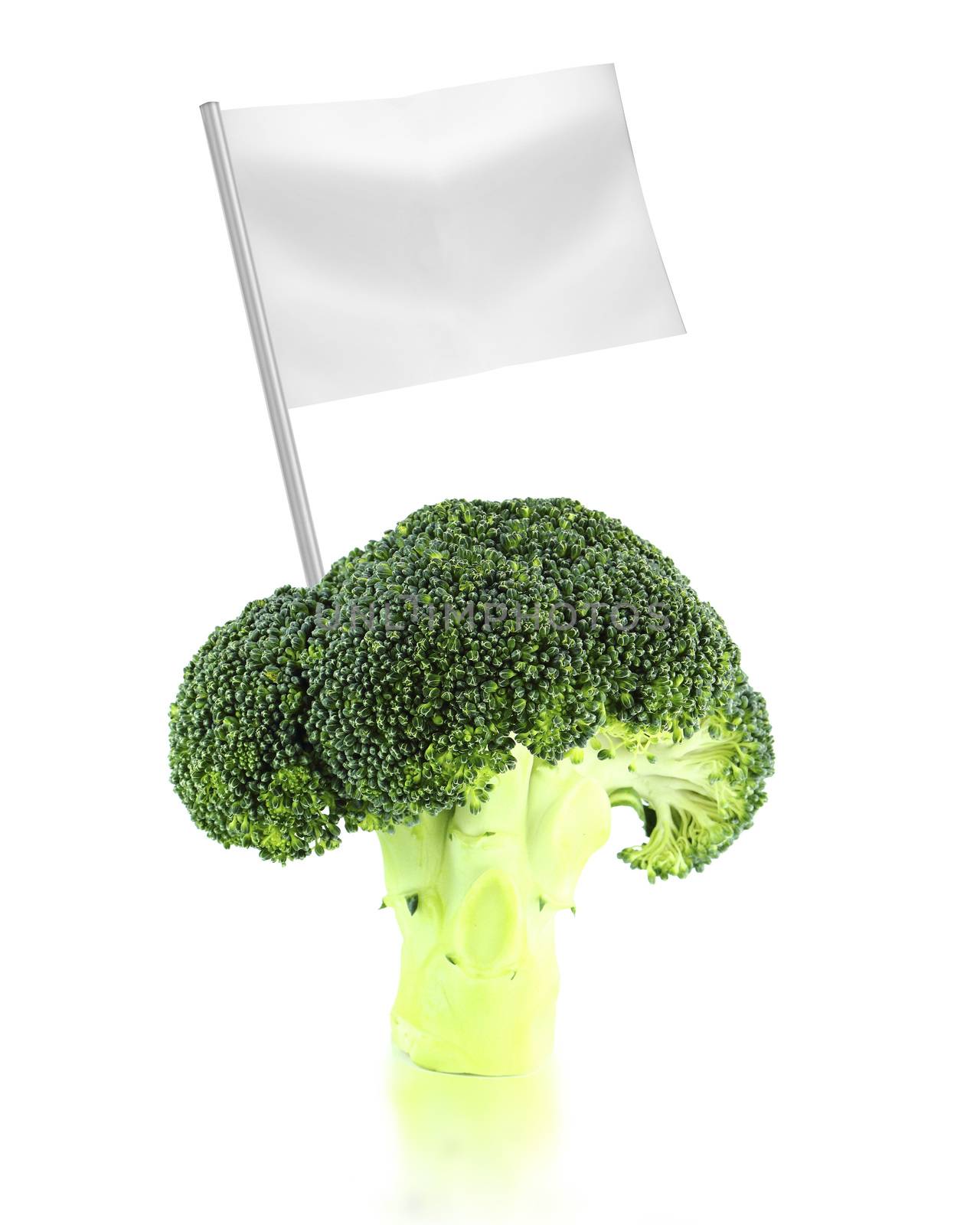 Healthy and organic food concept. Fresh broccoli with flag showing the benefits or the price of fruits.