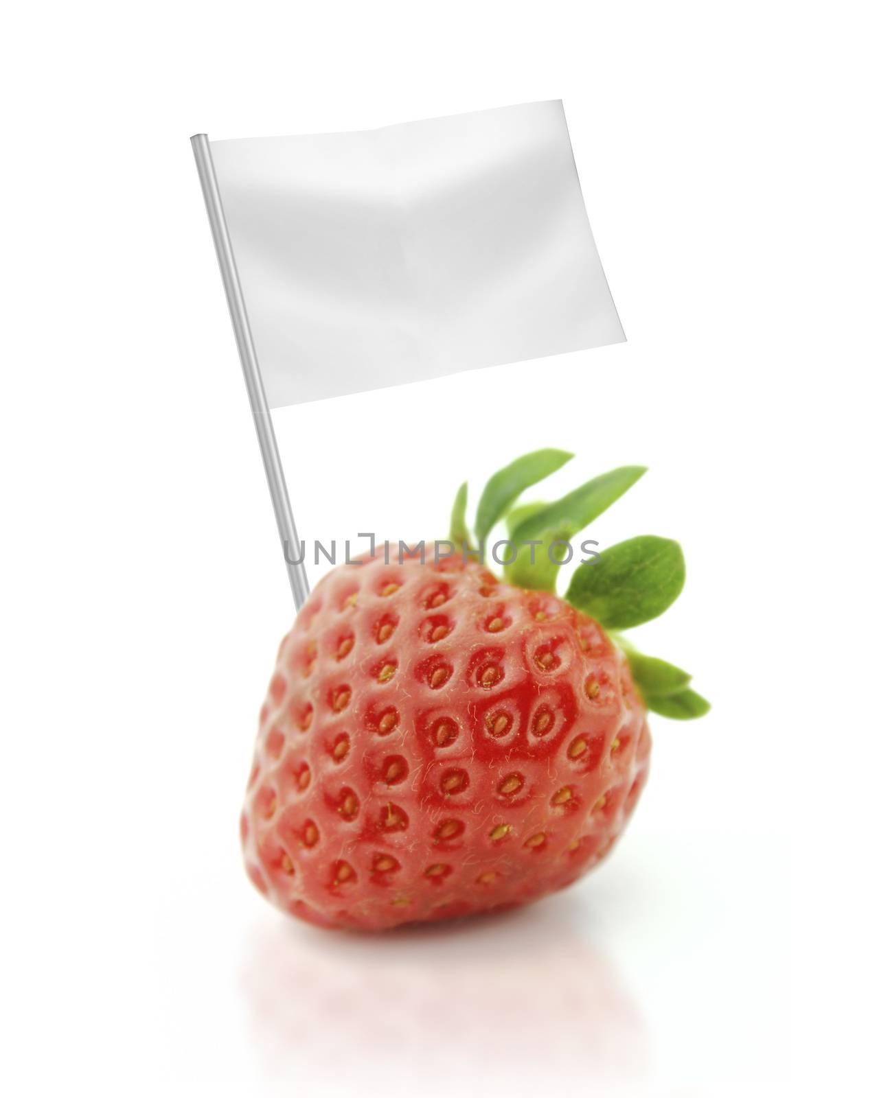 Healthy and organic food concept. Fresh Strawberry with flag showing the benefits or the price of fruits.