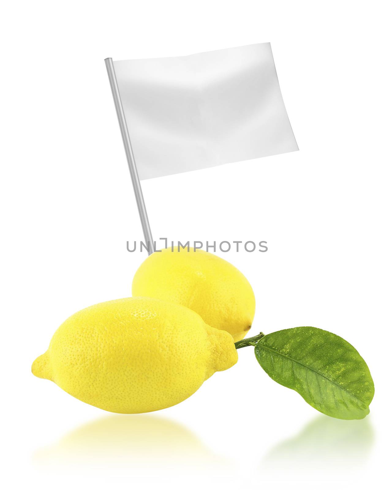 Healthy and organic food concept. Fresh lemon with flag showing the benefits or the price of fruits.